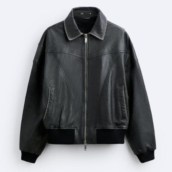 Zara men’s black bomber jacket with white stitching - Picture 1 of 3